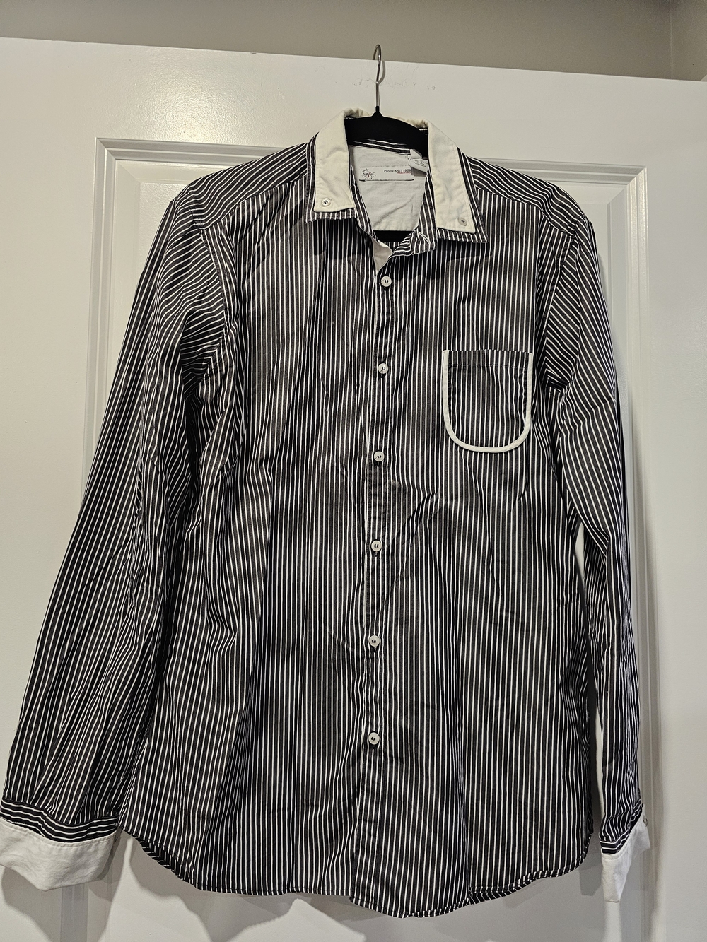 Poggianti 1958 Men's Black & White Stripe Button-Up Shirt with Contrast Trim